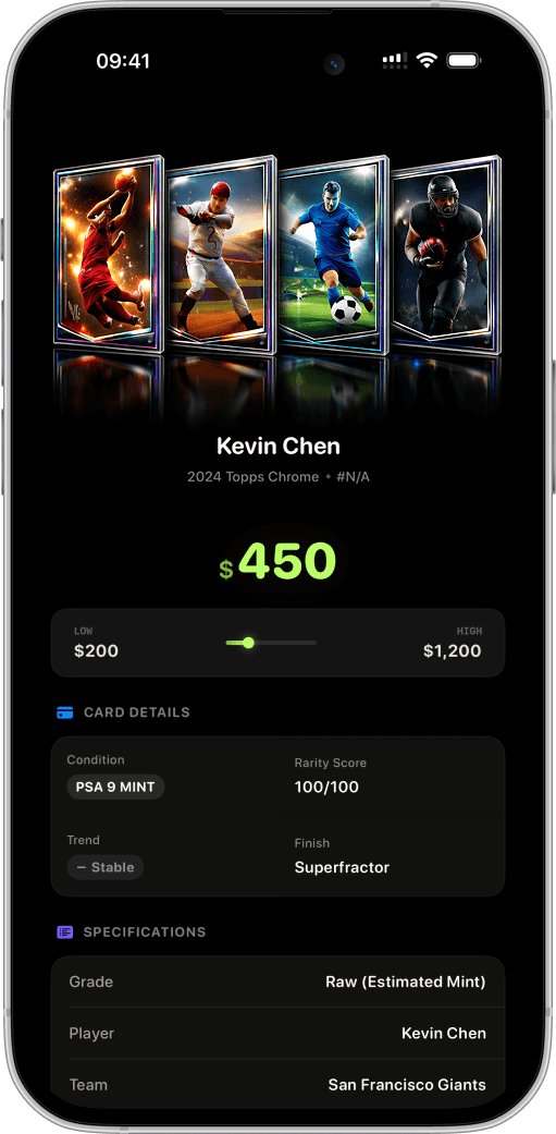 SnapCard sports card scanner app showing baseball card value of $450 with PSA 9 grading